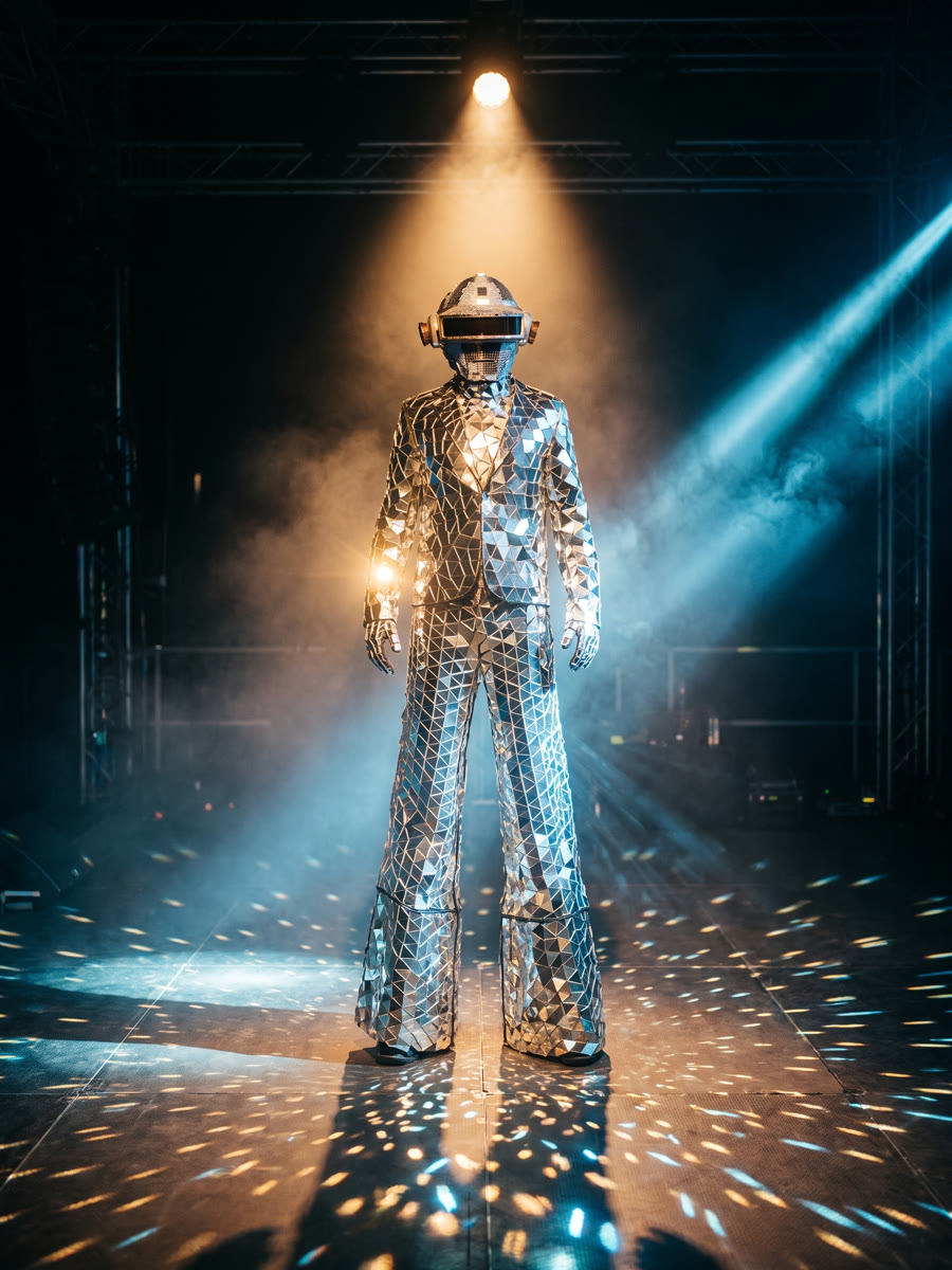 Performer im Spiegel-Mosaik-Anzug mit Spiegelhelm im Spotlicht